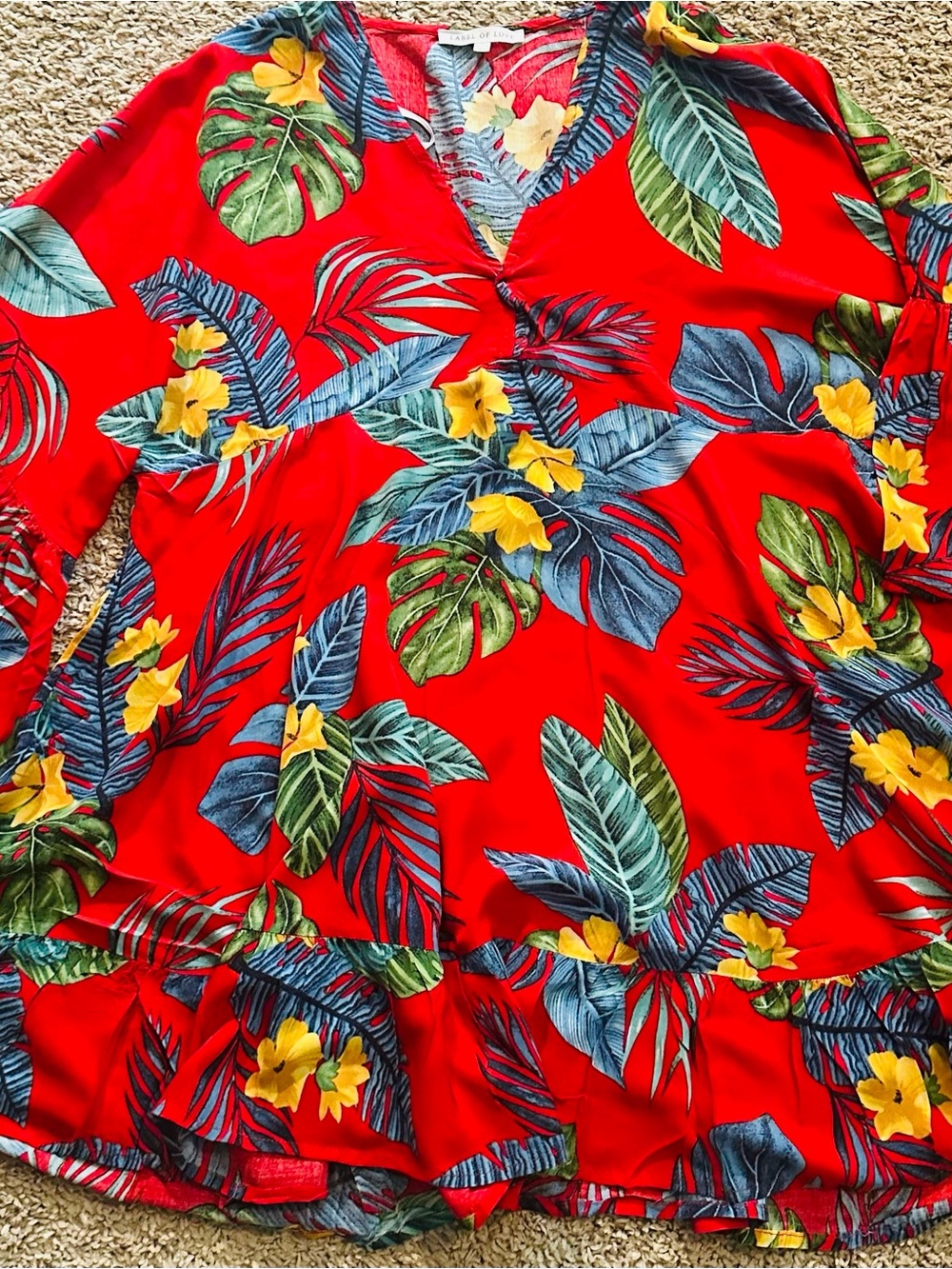 Red Tropical Floral Mini Dress with Ruffle Hem